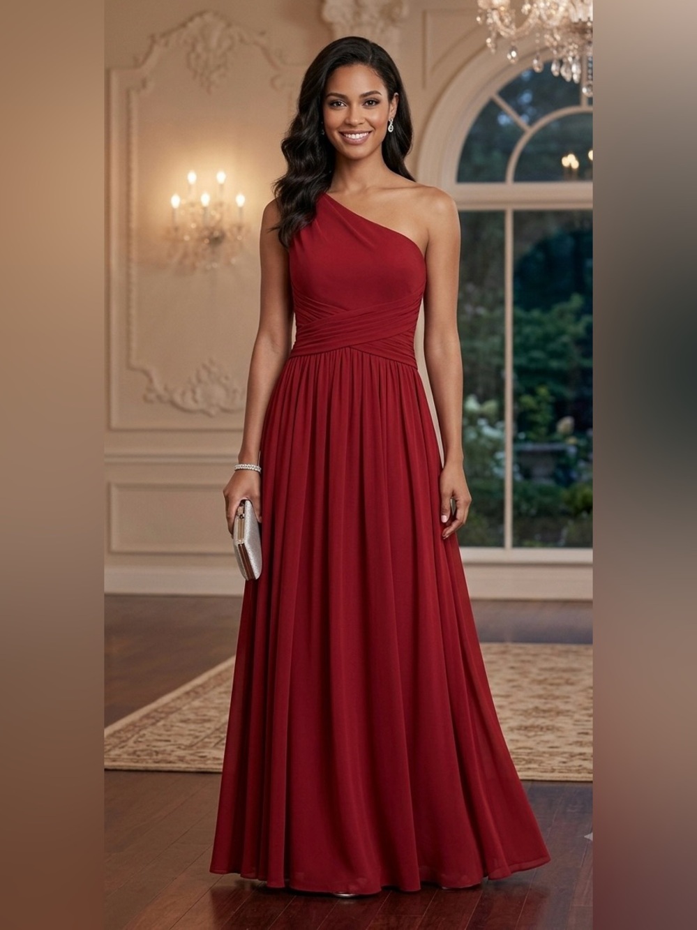 David's Bridal One-Shoulder‎ Burgundy Evening Gown